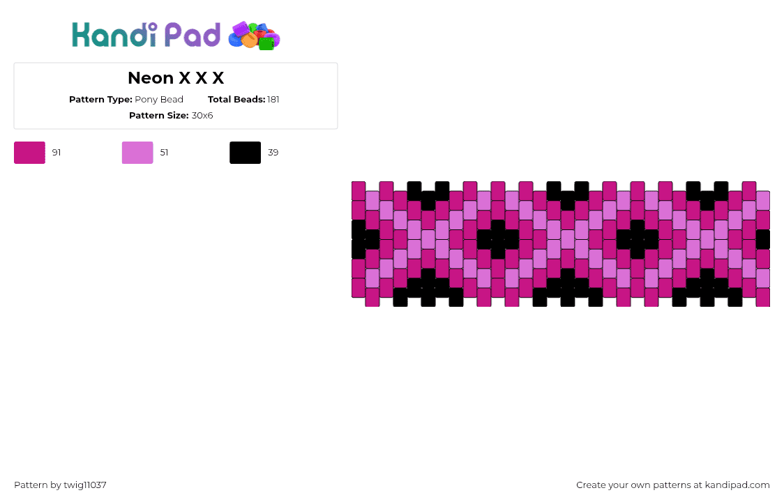 Neon X X X - Pony Bead Pattern by twig11037 on Kandi Pad - xxx,neon,cross,repeating,dark,cuff,black,pink