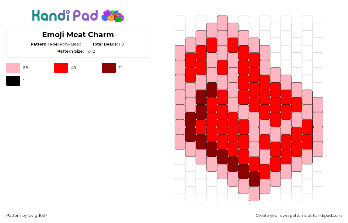 Emoji Meat Charm - Pony Bead Pattern by twig11037 on Kandi Pad - meat,steak,food,pork chop,charm,emoji,red,pink