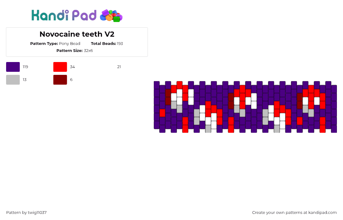 Novocaine teeth V2 - Pony Bead Pattern by twig11037 on Kandi Pad - teeth,blood,mouth,dentist,scary,cuff,purple,white,red