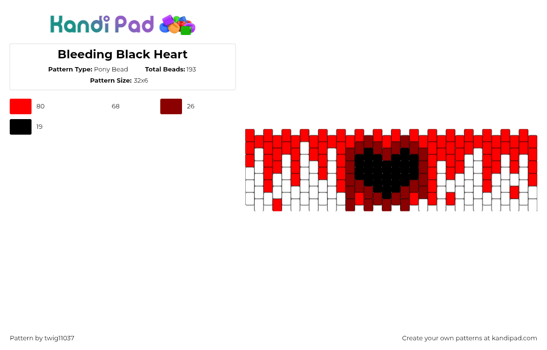 Bleeding Black Heart - Pony Bead Pattern by twig11037 on Kandi Pad - bloody,drippy,heart,spooky,love,halloween,cuff,red,white,black