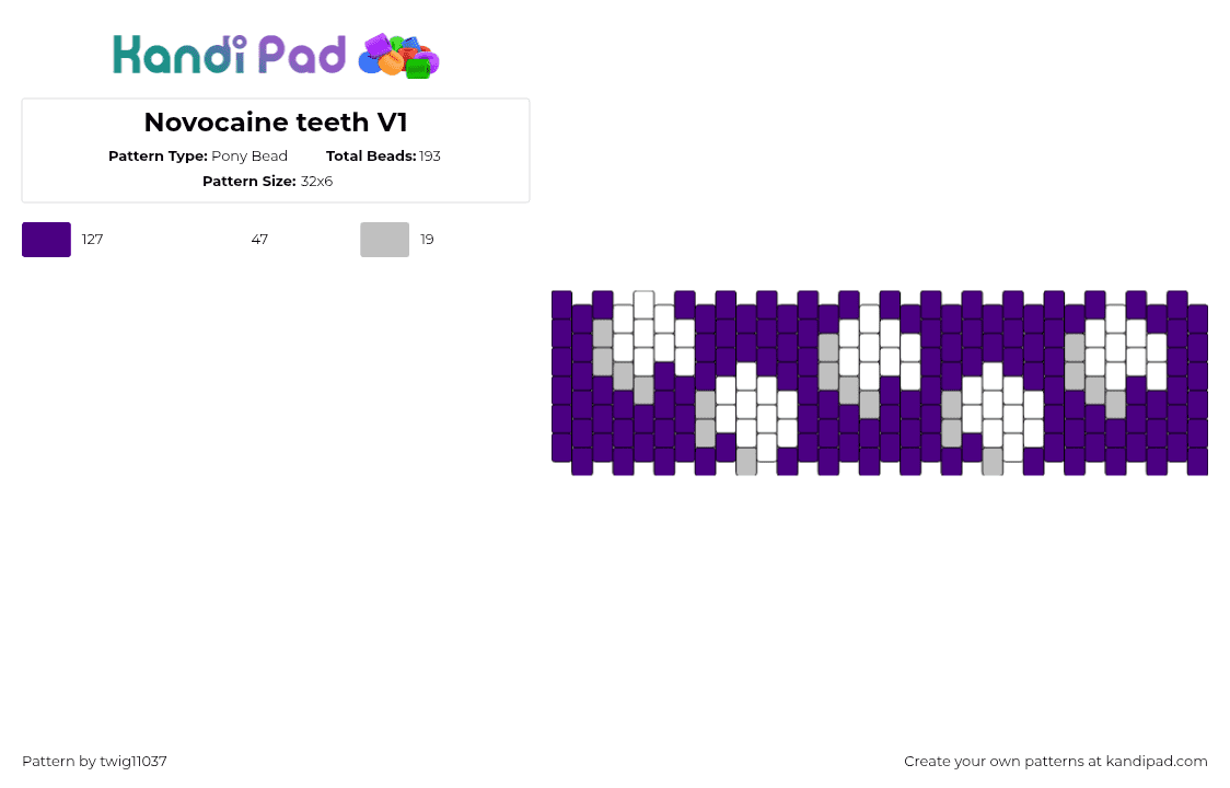 Novocaine teeth V1 - Pony Bead Pattern by twig11037 on Kandi Pad - teeth,mouth,dentist,cuff,purple,white