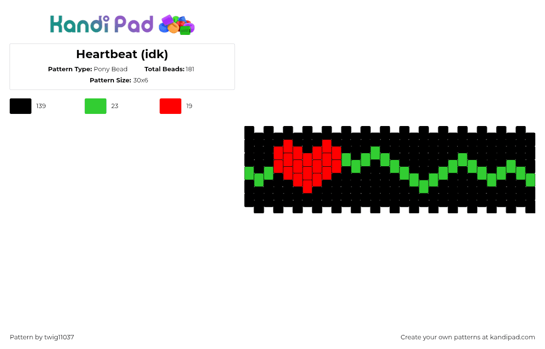 Heartbeat (idk) - Pony Bead Pattern by twig11037 on Kandi Pad - heart,cardiogram,monitor,zig zag,cuff,love,dark,red,black,green