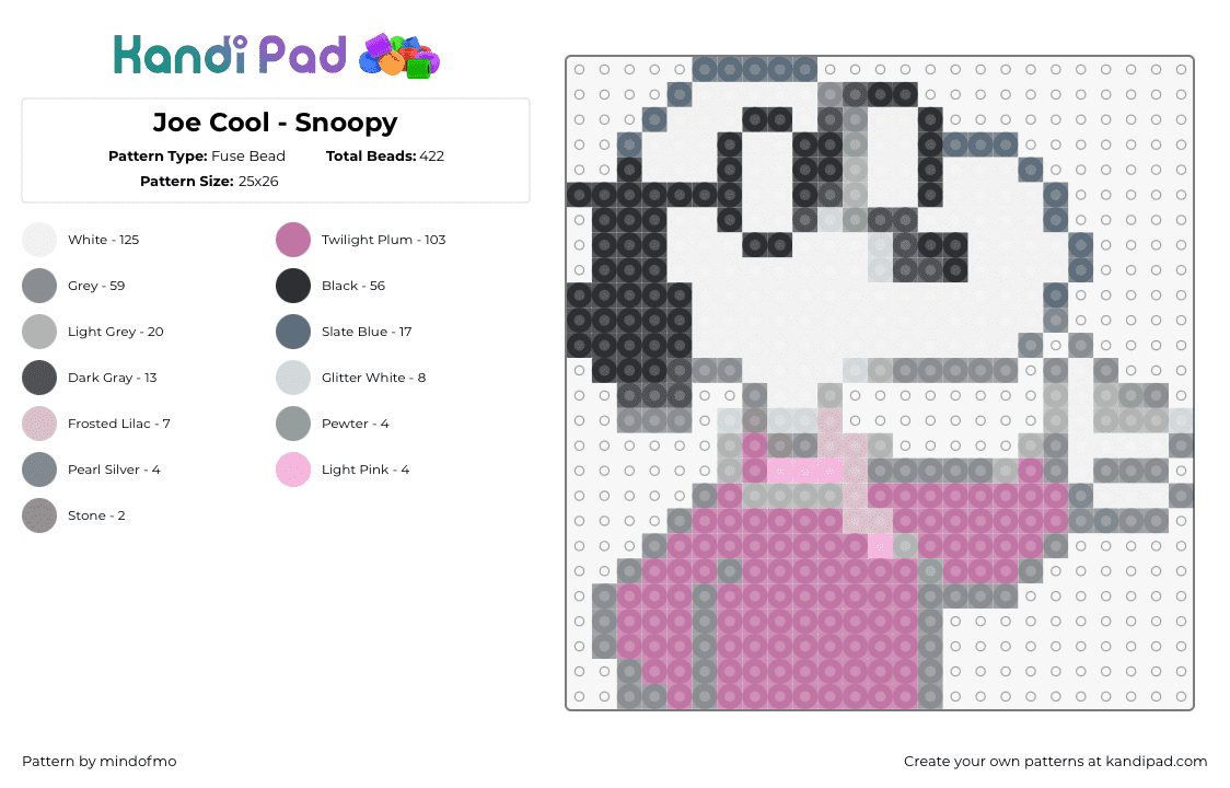 Joe Cool - Snoopy - Fuse Bead Pattern by mindofmo on Kandi Pad - joe cool,snoopy,peanuts,character,comic,dog,cartoon,white,pink