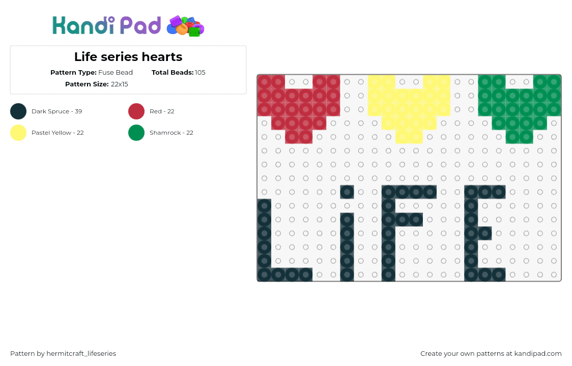 Life series hearts - Fuse Bead Pattern by hermitcraft_lifeseries on Kandi Pad - life series,hearts,youtube,tv show,text,green,red,yellow