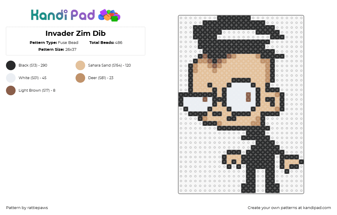 Invader Zim Dib - Fuse Bead Pattern by rattiepaws on Kandi Pad - dib,invader zim,character,cartoon,tv show,tan,black