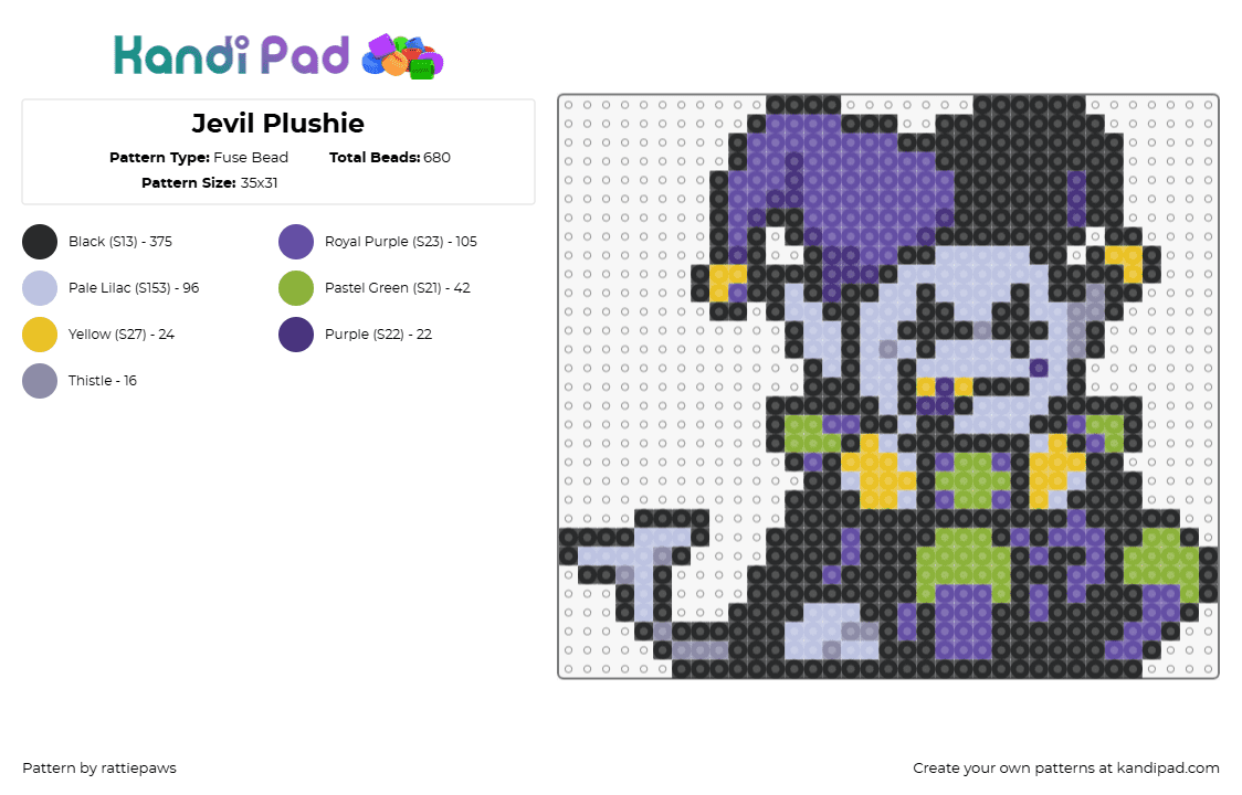 Jevil Plushie - Fuse Bead Pattern by rattiepaws on Kandi Pad - jevil,deltarune,jester,character,video game,dark,purple,black,green