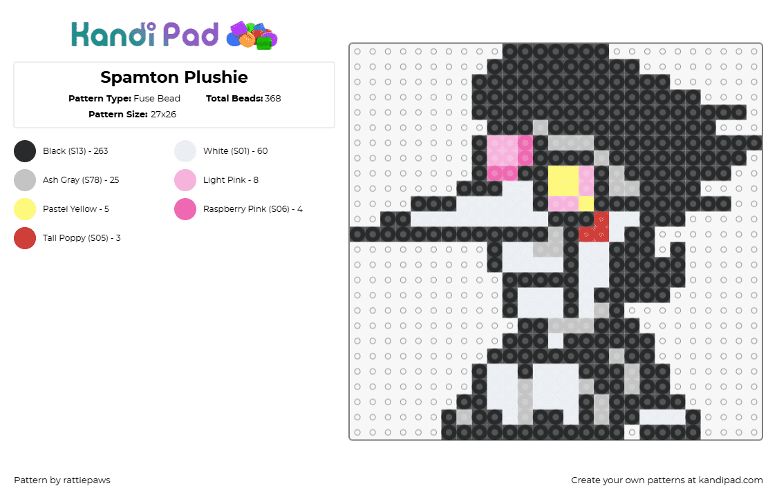 Spamton Plushie - Fuse Bead Pattern by rattiepaws on Kandi Pad - spamton,deltarune,undertale,plush,character,video game,black,white