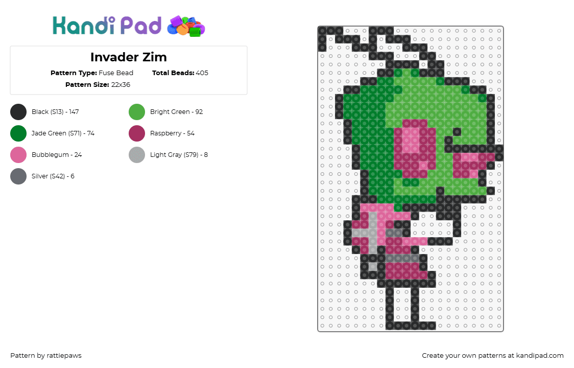 Invader Zim - Fuse Bead Pattern by rattiepaws on Kandi Pad - invader zim,alien,character,cartoon,tv show,green,pink