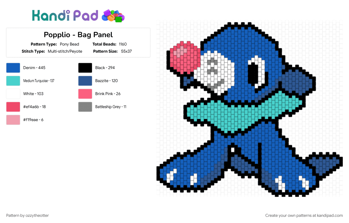 Popplio - Bag Panel - Pony Bead Pattern by ozzytheotter on Kandi Pad - alola, blue, pokemon, pokemon sun and moon, popplio, starter pokemon, water type pokmon
