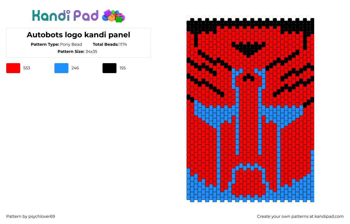 Autobots logo kandi panel - Pony Bead Pattern by psychlover69 on Kandi Pad - autobots,transformers,logo,panel,red,blue