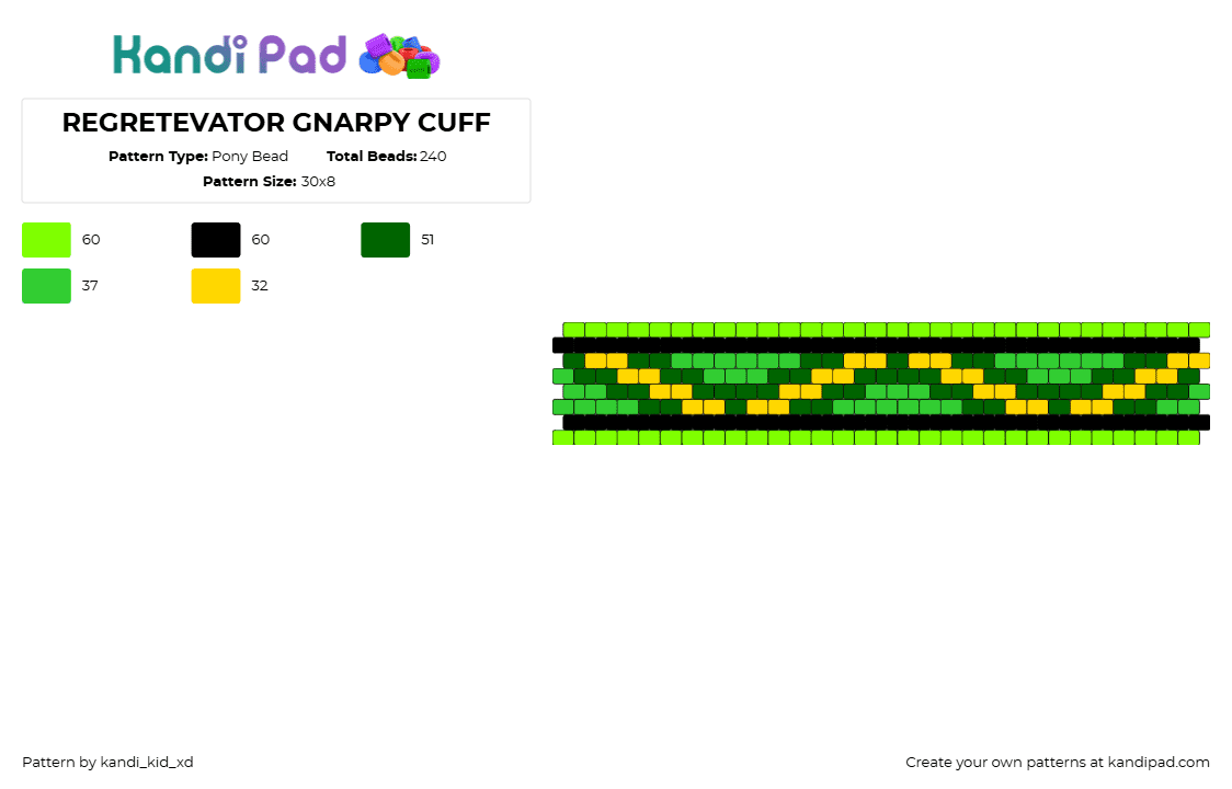 REGRETEVATOR GNARPY CUFF - Pony Bead Pattern by kandi_kid_xd on Kandi Pad - gnarpy,regretevator,roblox,zig zag,cuff,video game,green,yellow