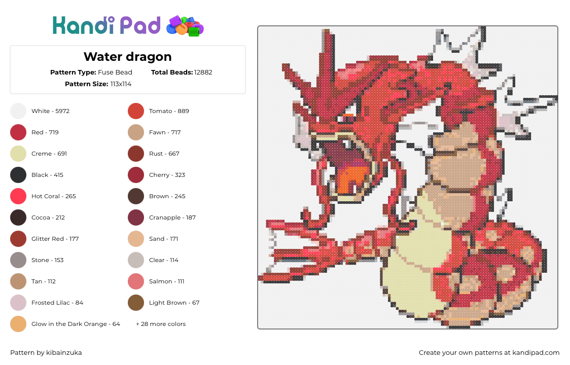 Water dragon - Fuse Bead Pattern by kibainzuka on Kandi Pad - gyrados,pokemon,character,gaming,red,beige