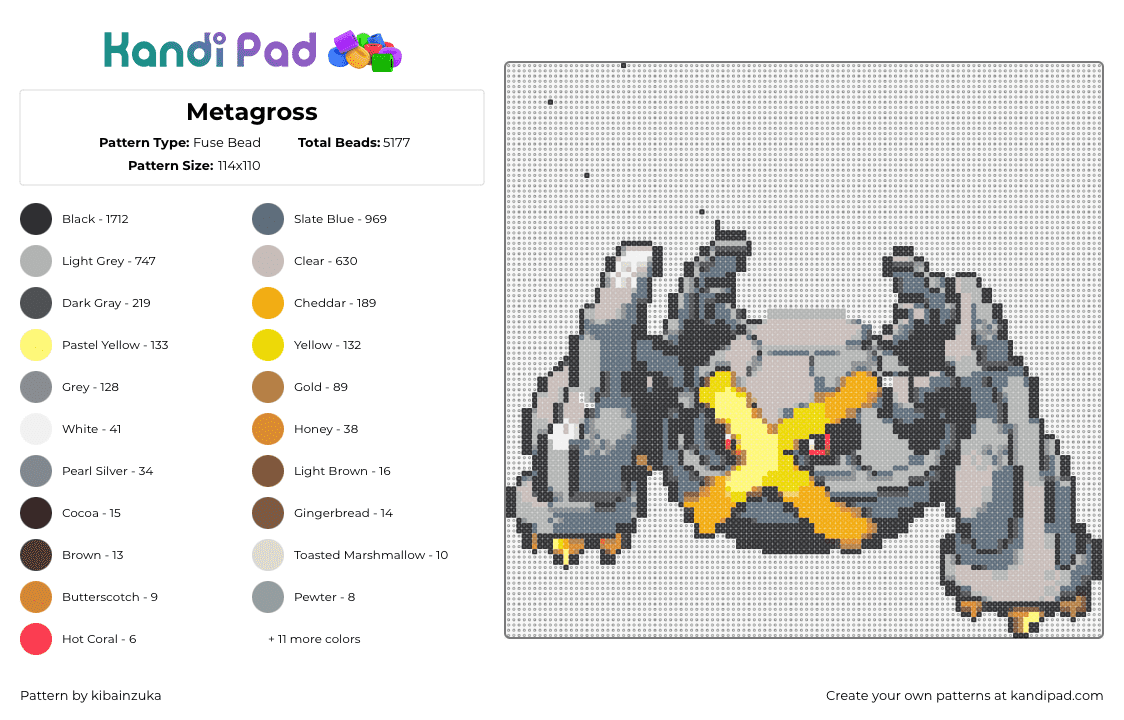 Metagross - Fuse Bead Pattern by kibainzuka on Kandi Pad - metagross,pokemon,character,gaming,gray,yellow