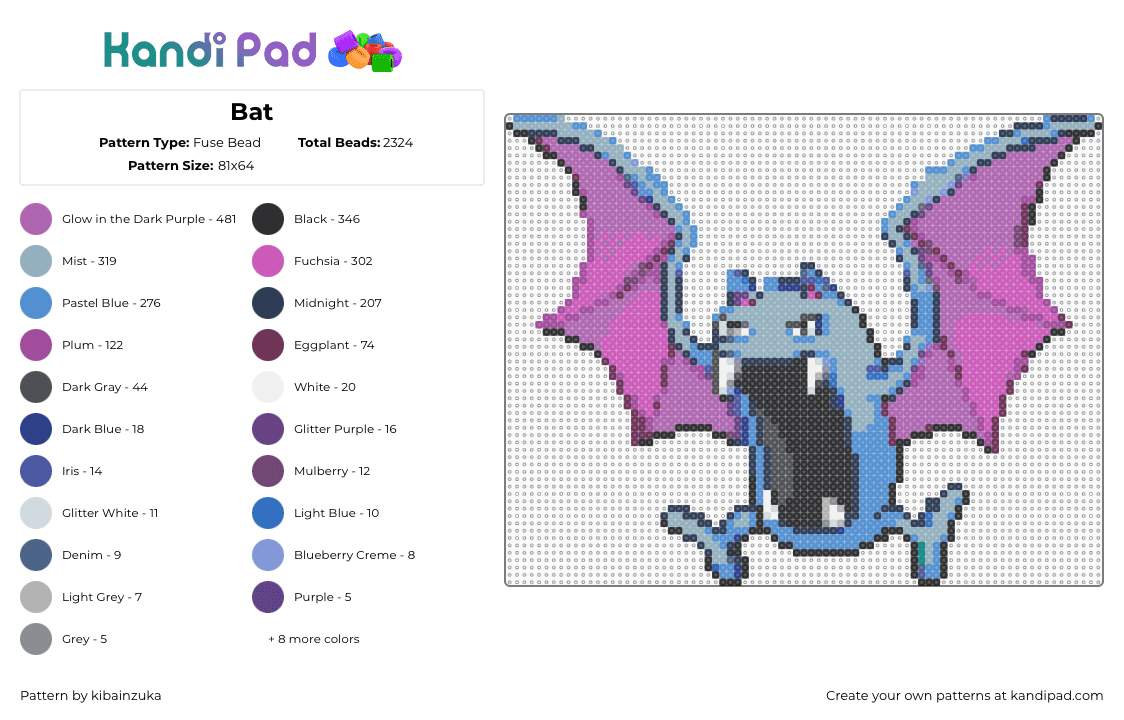 Bat - Fuse Bead Pattern by kibainzuka on Kandi Pad - golbat,pokemon,zubat,evolution,character,gaming,blue,purple