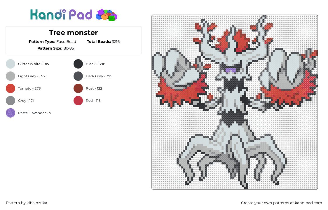 Tree monster - Fuse Bead Pattern by kibainzuka on Kandi Pad - trevenant,pokemon,tree,characer,gaming,gray,red