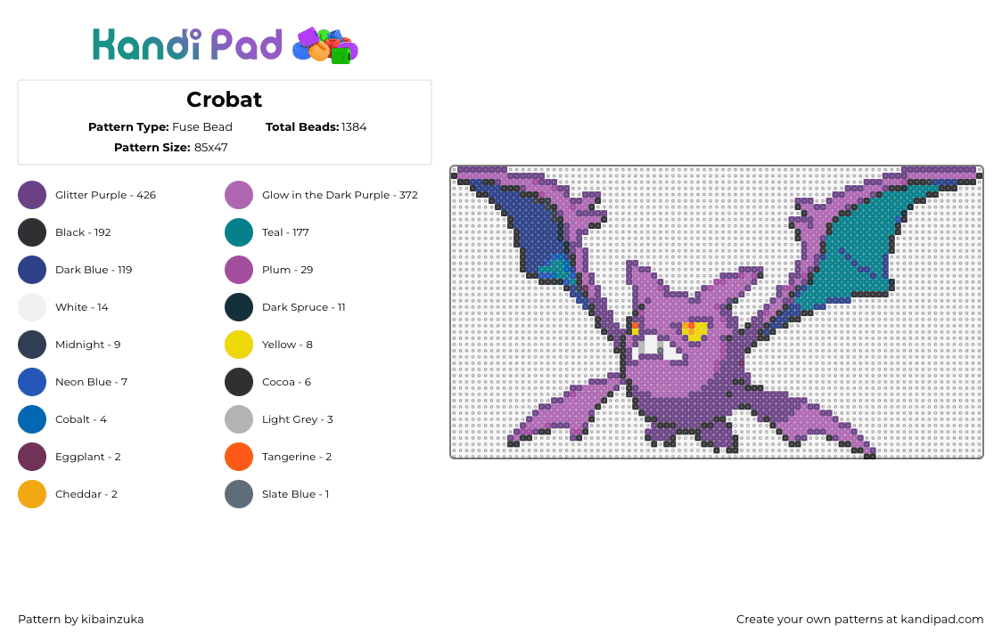 Crobat - Fuse Bead Pattern by kibainzuka on Kandi Pad - crobat,pokemon,golbat,zubat,evolution,character,gaming,purple,teal