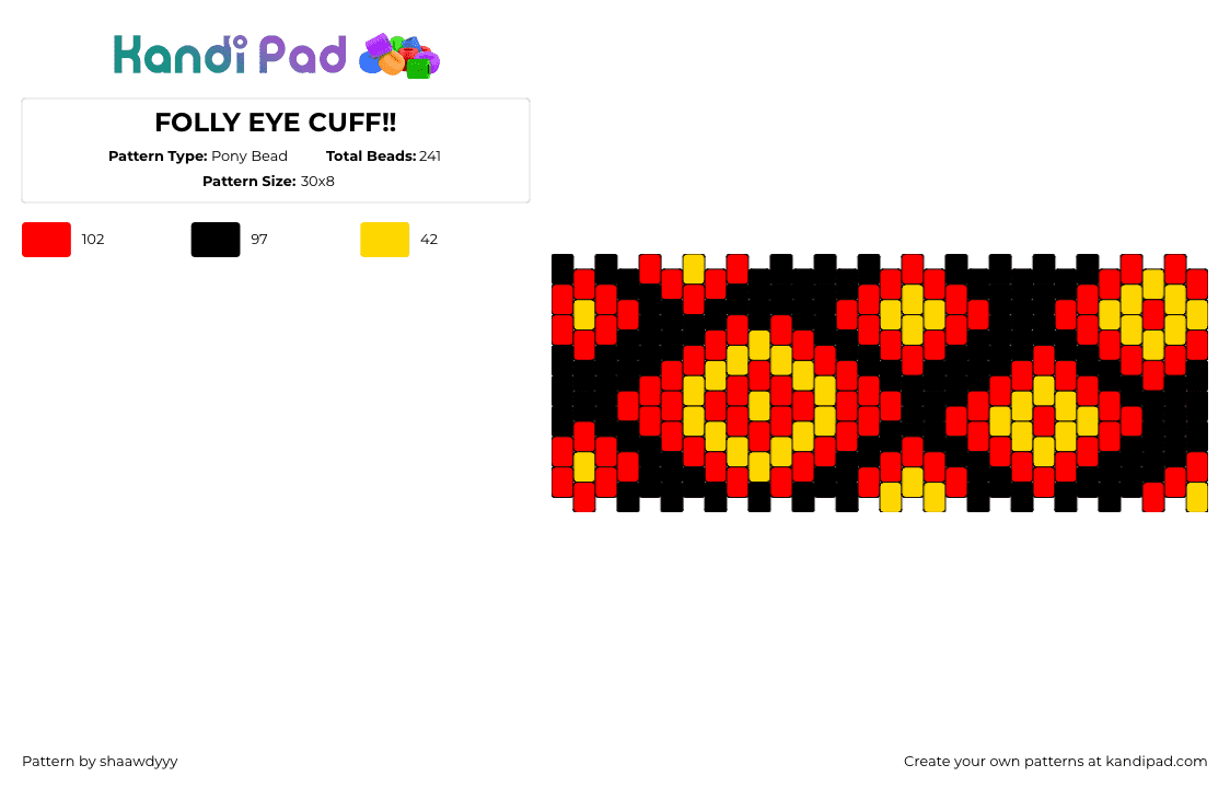 FOLLY EYE CUFF!! - Pony Bead Pattern by shaawdyyy on Kandi Pad - folly,regretevator,roblox,eyes,cuff,dark,diamond,fiery,red,yellow,black