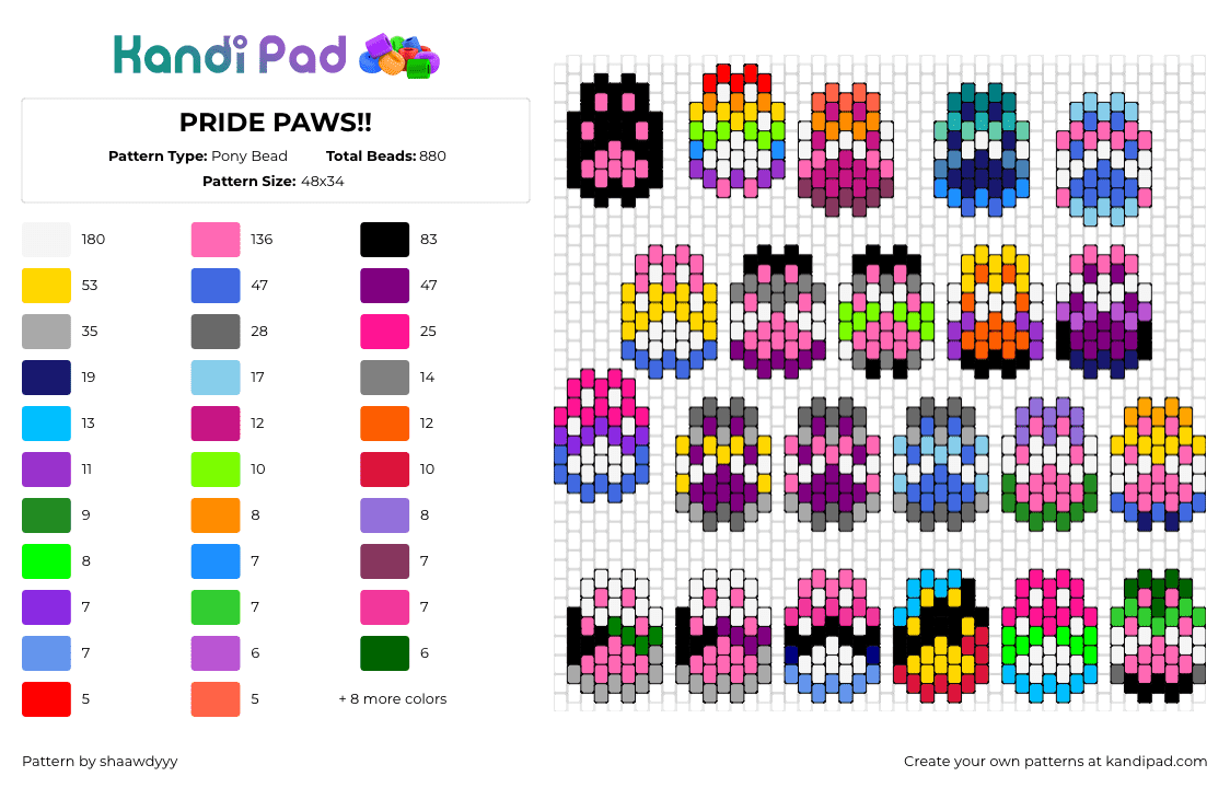 PRIDE PAWS!! - Pony Bead Pattern by shaawdyyy on Kandi Pad - paws pride,community,colorful,charms,pink,blue,yellow