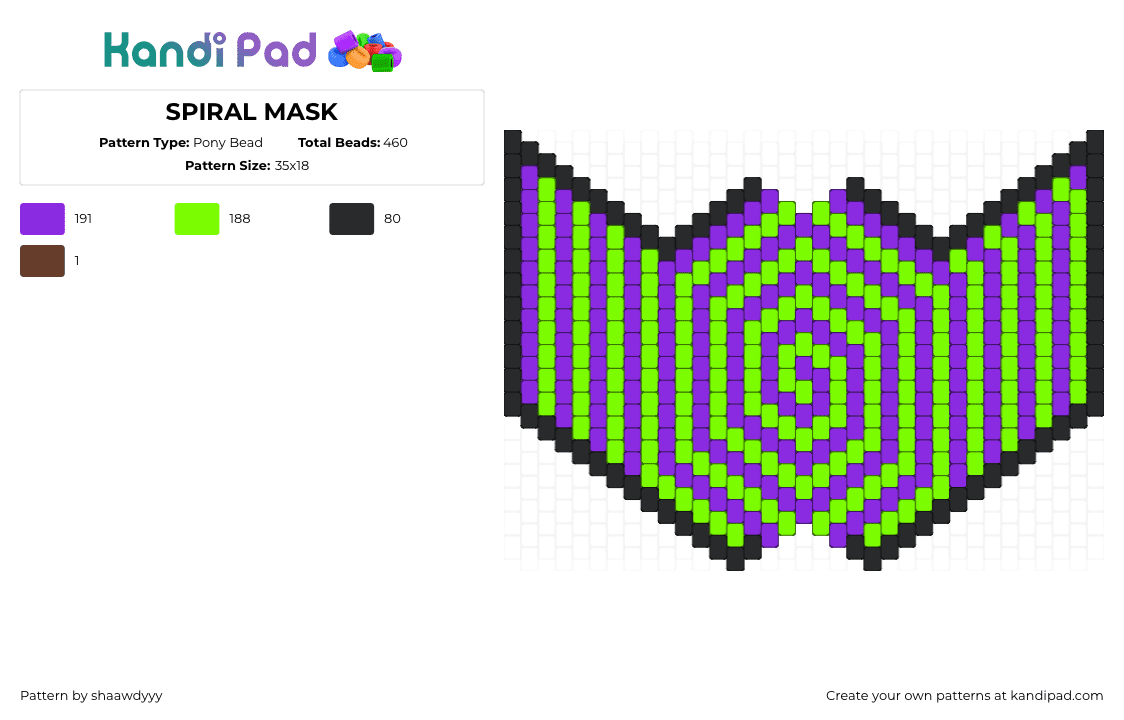 SPIRAL MASK - Pony Bead Pattern by shaawdyyy on Kandi Pad - spiral,hypnotic,trippy,mask,scene,green,purple