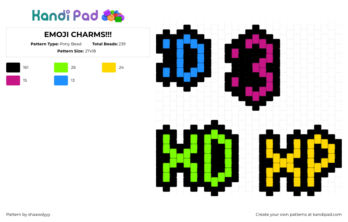 EMOJI CHARMS!!! - Pony Bead Pattern by shaawdyyy on Kandi Pad - emoticons,emoji,neon,colorful,face,text,gree,blue,pink,black