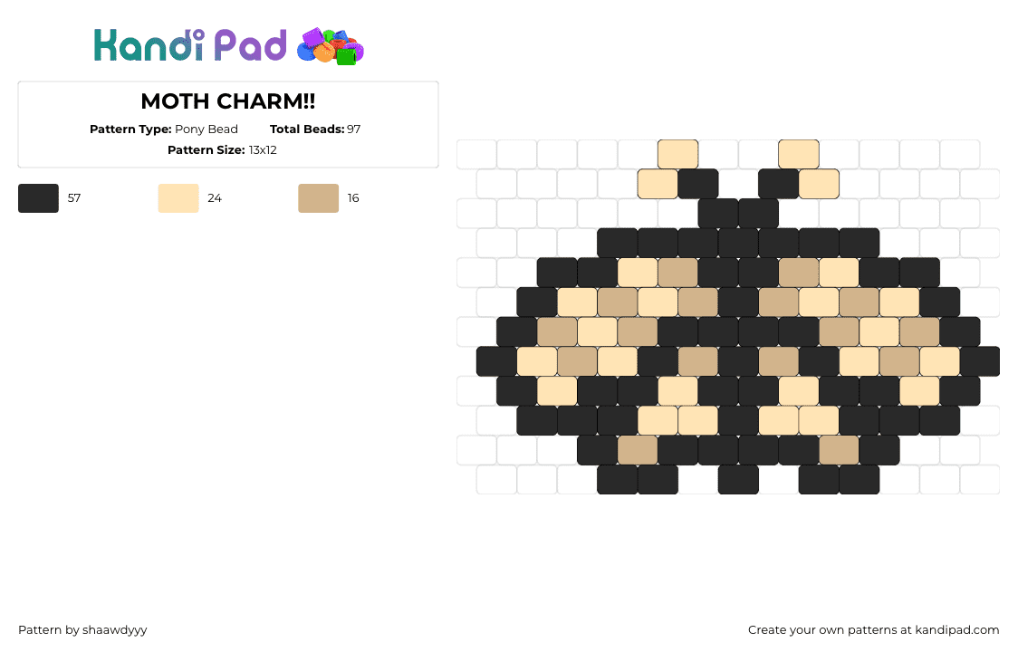 MOTH CHARM!! - Pony Bead Pattern by shaawdyyy on Kandi Pad - moth,insect,butterfly,charm,animal,beige,black