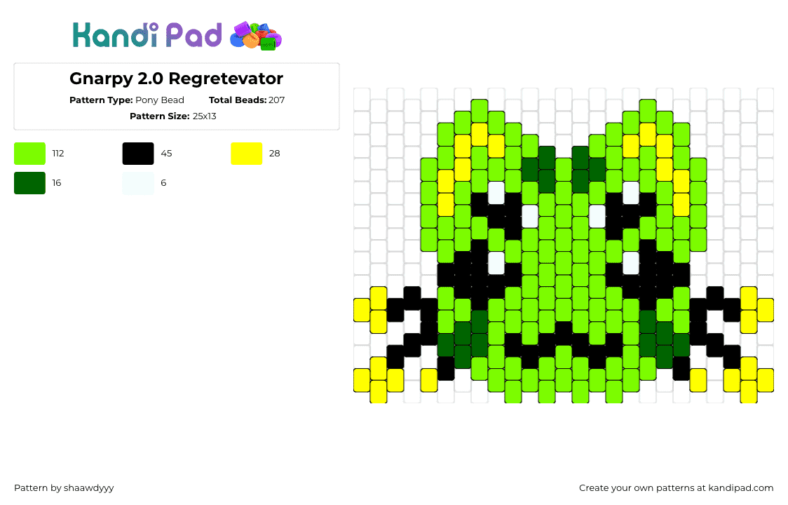 Gnarpy 2.0 Regretevator - Pony Bead Pattern by shaawdyyy on Kandi Pad - gnarpy,regretevator,alien,cat,head,character,green,black,yellow