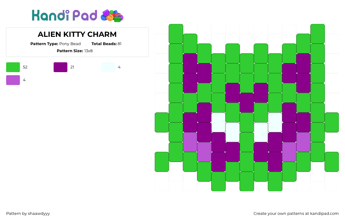 ALIEN KITTY CHARM Pony Bead Pattern - Kandi Pad | Kandi Patterns, Fuse ...