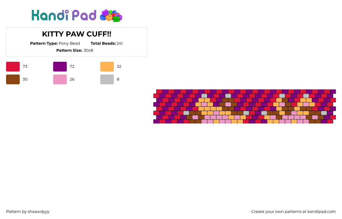 KITTY PAW CUFF!! - Pony Bead Pattern by shaawdyyy on Kandi Pad - paws,cat,animal,diagonal,stripes,cuff,red,purple,tan