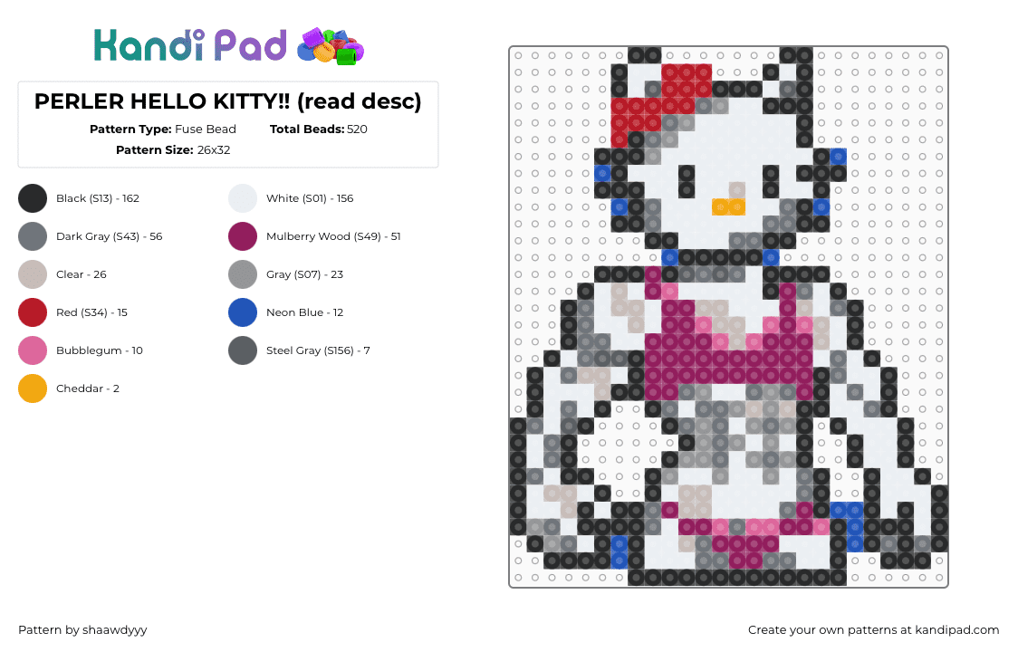 PERLER HELLO KITTY!! (read desc) - Fuse Bead Pattern by sorenuhh on Kandi Pad - white,pink,gray,kitty,cat,hello kitty,buff,meme,funny