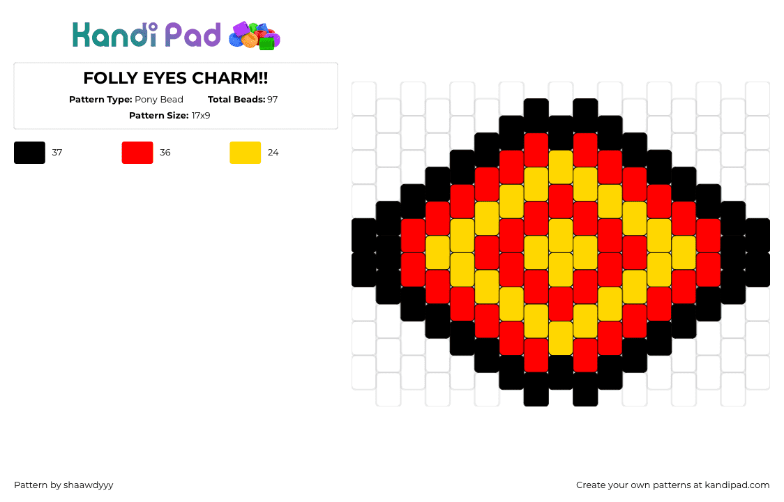 FOLLY EYES CHARM!! - Pony Bead Pattern by shaawdyyy on Kandi Pad - folly,regretevator,roblox,eye,charm,hypnotic,diamond,fiery,red,yellow,black