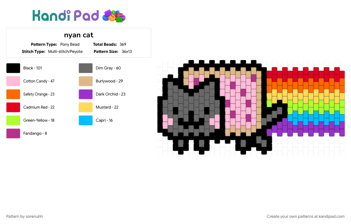 nyan cat - Pony Bead Pattern by sorenuhh on Kandi Pad - beige, cat, gray, nyan cat, pink, rainbow