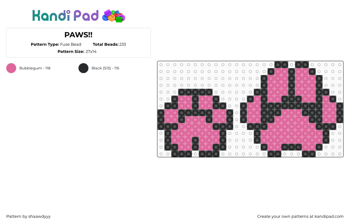 PAWS!! - Fuse Bead Pattern by sorenuhh on Kandi Pad - black,pink