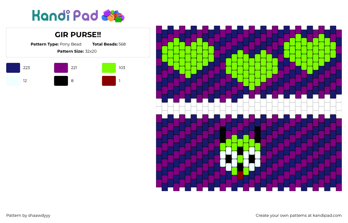 GIR PURSE!! - Pony Bead Pattern by shaawdyyy on Kandi Pad - gir,invader zim,hearts,purse,cartoon,tv show,diagonal,stripes,bag,purple,green