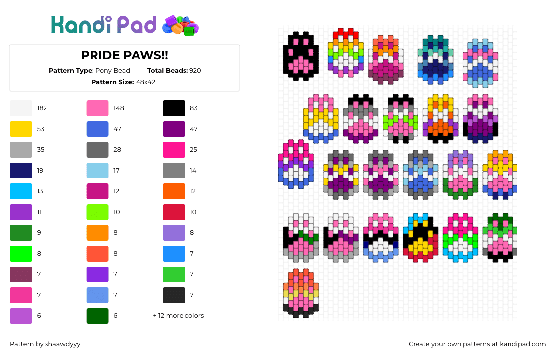 PRIDE PAWS!! - Pony Bead Pattern by shaawdyyy on Kandi Pad - paws pride,community,colorful,charms,pink,blue,yellow