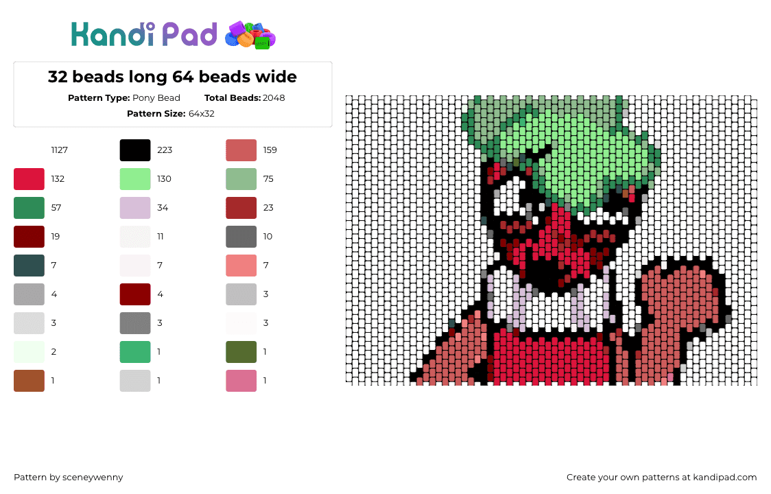 32 beads long 64 beads wide - Pony Bead Pattern by sceneywenny on Kandi Pad - sprout,dandys world,character,video game,red,green