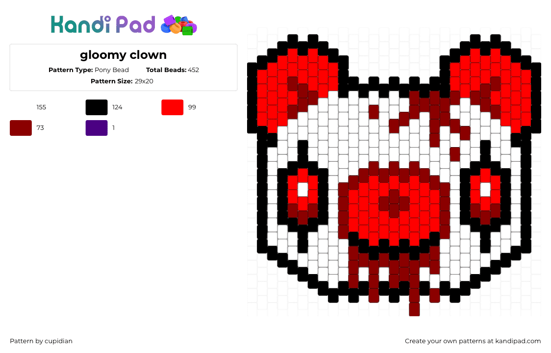 gloomy clown - Pony Bead Pattern by cupidian on Kandi Pad - gloomy bear,clown,bloody,scary,head,horror,character,spooky,white,red