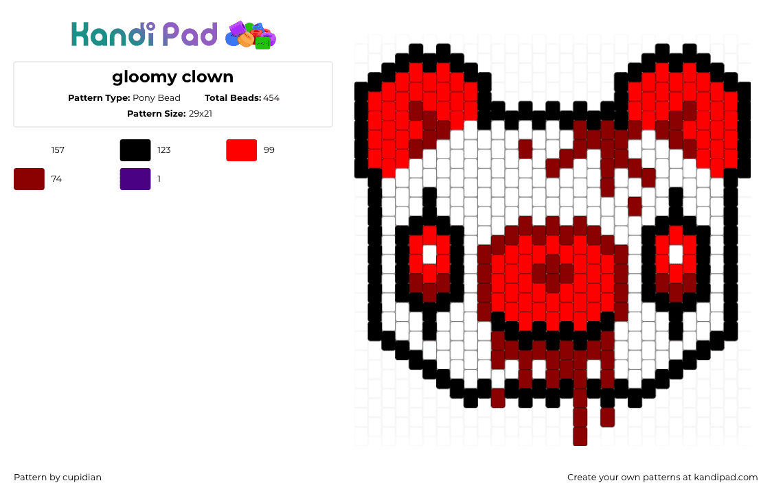 gloomy clown - Pony Bead Pattern by cupidian on Kandi Pad - gloomy bear,clown,bloody,scary,head,horror,character,spooky,white,red