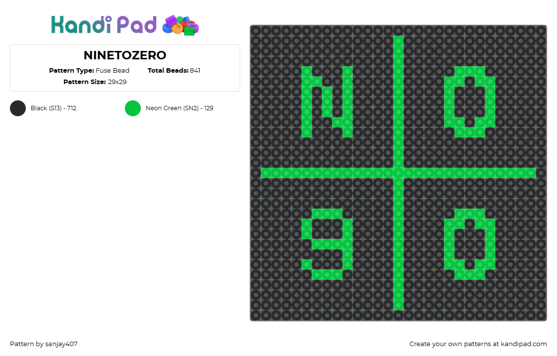 NINETOZERO - Fuse Bead Pattern by sanjay407 on Kandi Pad - ninetozero,logo,label,music,panel,black,green