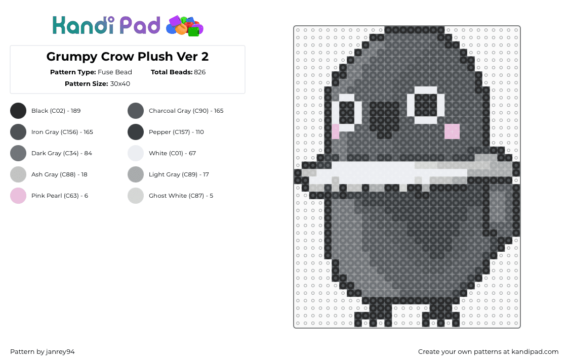 Grumpy Crow Plush Ver 2 - Fuse Bead Pattern by janrey94 on Kandi Pad - gray,purple,mephisto,grumpy crow,sylus,love and deepspace,lad
