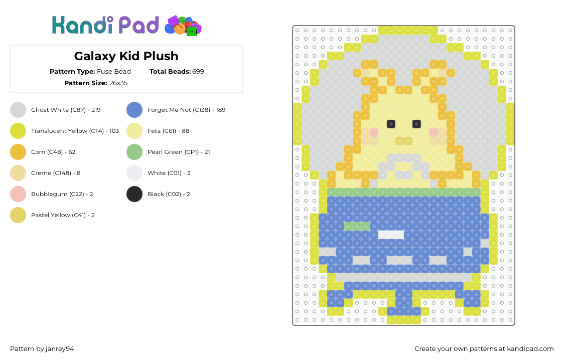 Galaxy Kid Plush - Fuse Bead Pattern by janrey94 on Kandi Pad - galaxy kid,ufo,plush,scifi,blue,yellow,xavier,alien,love and deepspace,lad