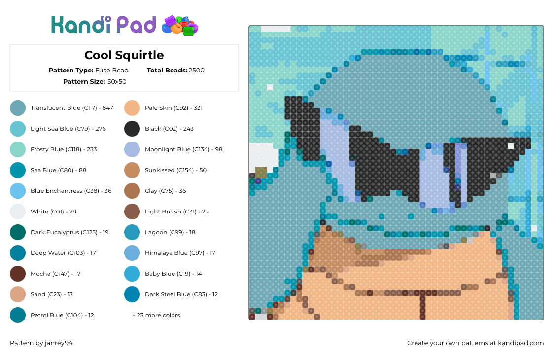 Cool Squirtle - Fuse Bead Pattern by janrey94 on Kandi Pad - squirtle,pokemon,light blue,teal,beige,cute,turtle