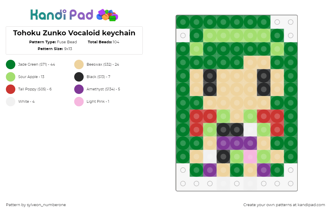 Tohoku Zunko Vocaloid keychain - Fuse Bead Pattern by sylveon_numberone on Kandi Pad - tohoku zunko,vocaloid,chibi,keychain,charm,music,character,green,tan