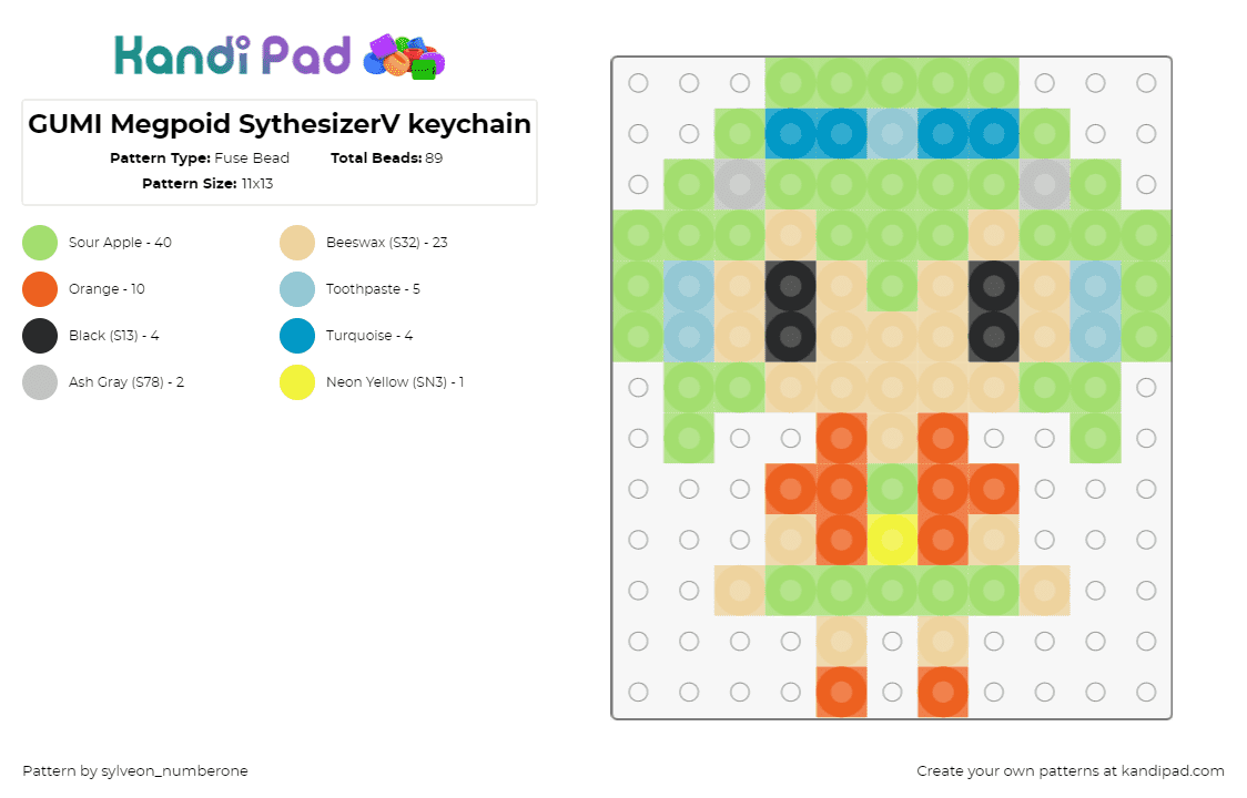 GUMI Megpoid SythesizerV keychain - Fuse Bead Pattern by sylveon_numberone on Kandi Pad - gumi,megpoid,vocaloid,chibi,music,character,green,tan