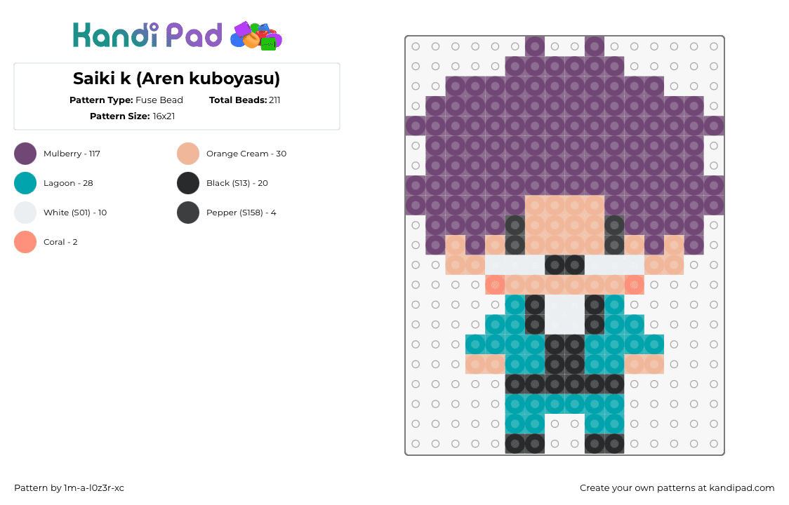 Saiki k (Aren kuboyasu) - Fuse Bead Pattern by 1m-a-l0z3r-xc on Kandi Pad - aren kuboyasu,disastrous life of saiki k,chibi,character,manga,purple,teal