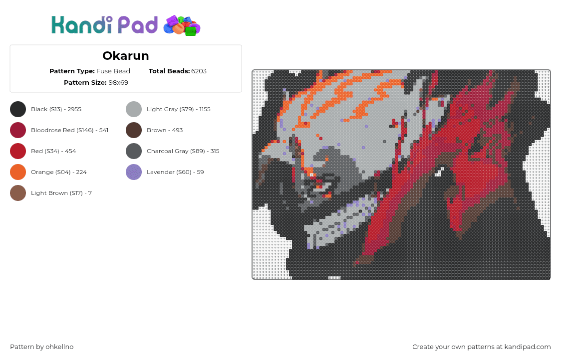 Okarun - Fuse Bead Pattern by ohkellno on Kandi Pad - okarun,dandadan,ken takakura,manga,black,red,gray