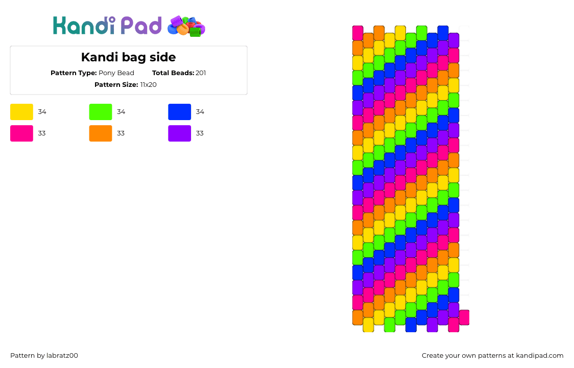 Kandi bag side - Pony Bead Pattern by labratz00 on Kandi Pad - neon,diagonal,stripes,colorful,bag,panel