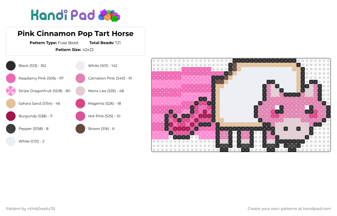 Pink Cinnamon Pop Tart Horse - Fuse Bead Pattern by r41nb0wplu70 on Kandi Pad - pink,horse,nyan cat,pop tart,cinnamon,cinnamon roll pop tart