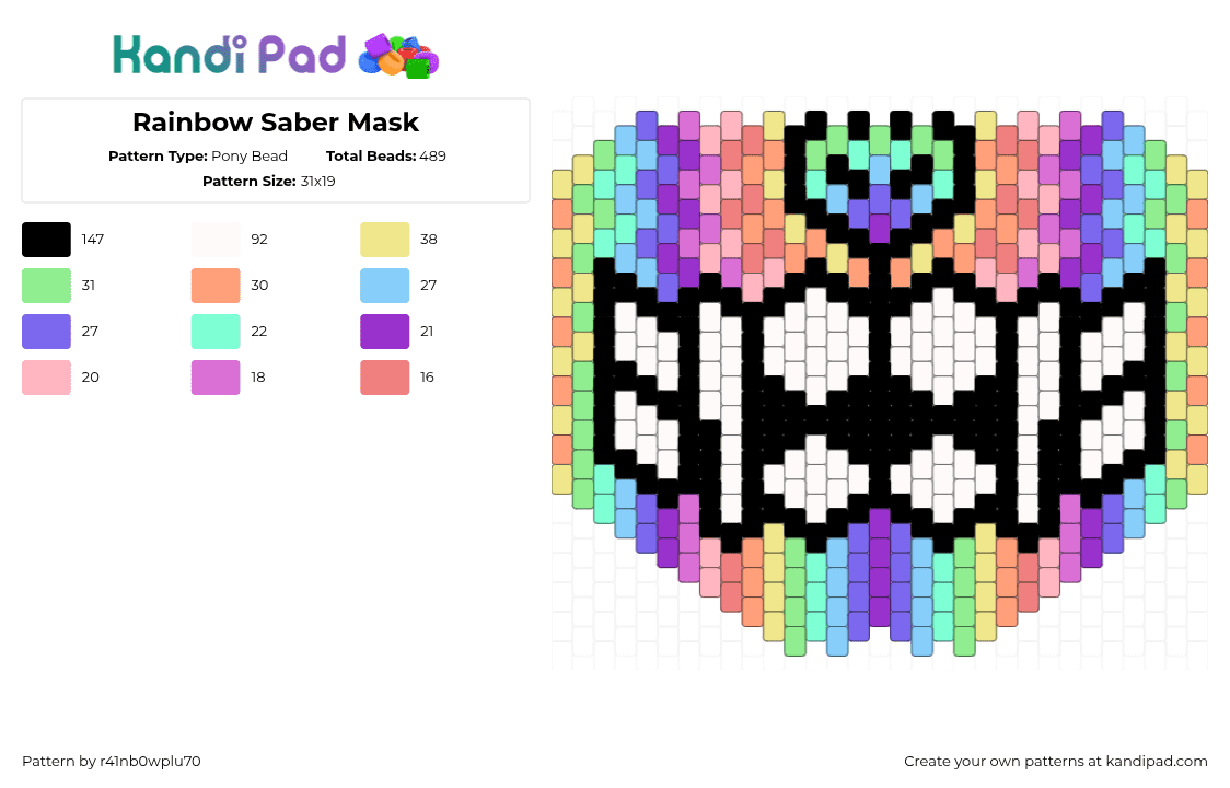 Rainbow Saber Mask - Pony Bead Pattern by r41nb0wplu70 on Kandi Pad - teal,orange,yellow,pink,tiger,sabertooth,rave,kandi,mask,rainbow,party