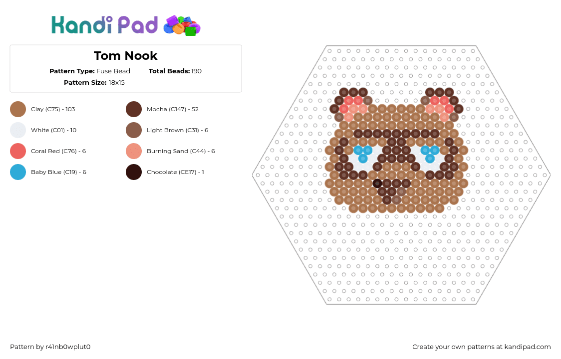 Tom Nook - Fuse Bead Pattern by r41nb0wplu70 on Kandi Pad - tommy nook,animal crossing,raccoon,character,head,video game,tan,brown