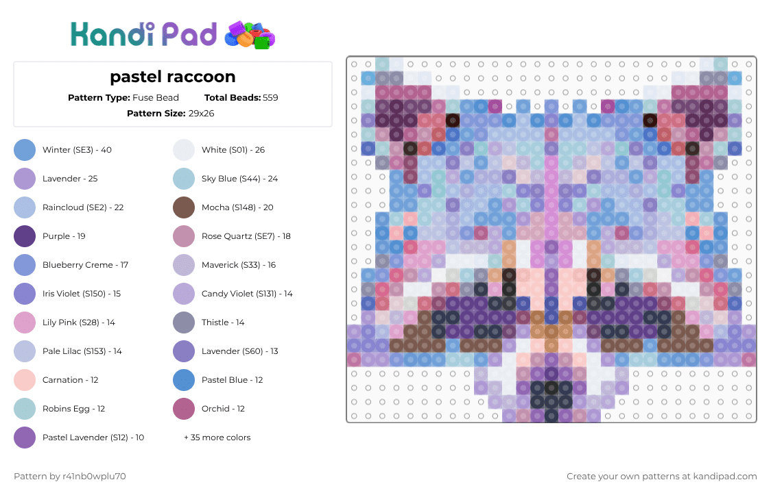 pastel raccoon - Fuse Bead Pattern by r41nb0wplu70 on Kandi Pad - pink,light blue,pastel,raccoon,blue,purple